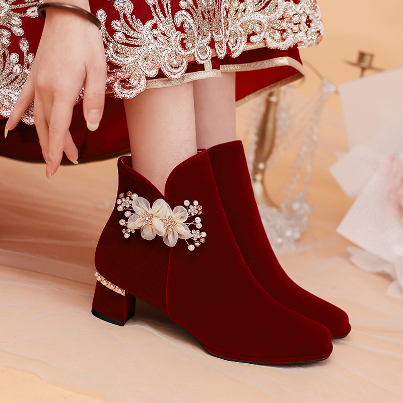 Xiuhe Dress Qipao Wedding Shoes Bride's Shoes Winter Women's Red Wedding High-Heeled Short Boots Chinese Style Winter Red Shoes with Thick Heels and Fleece Lining