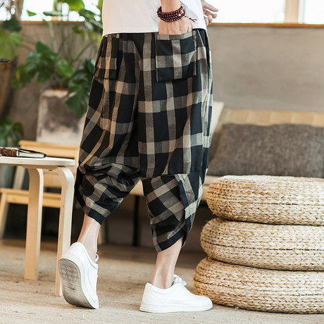mens casual street plaid cropped pants
