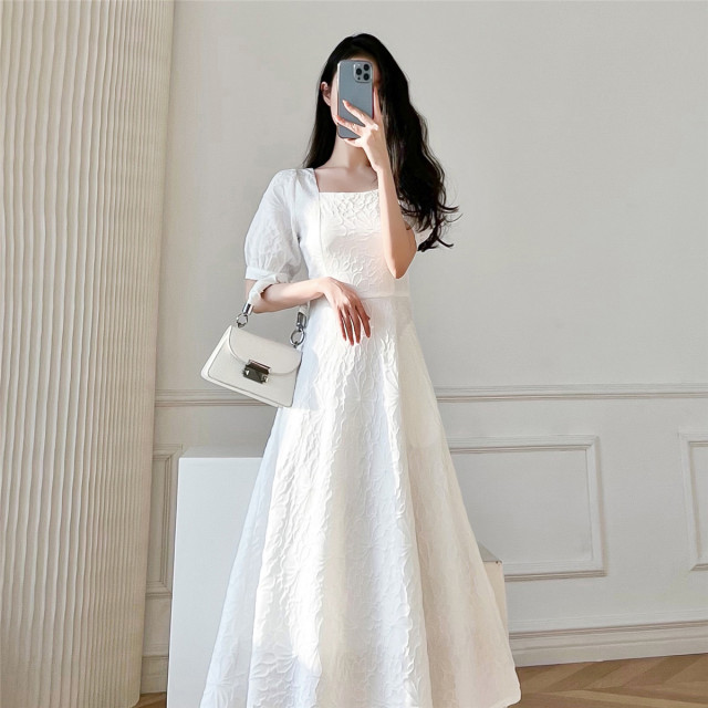 White French First Love Dress 2023 New Women's Summer Square Neck Puff Sleeves Retro Waist Slim Gentle Long Dress