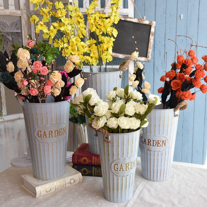 Retro Dry Flower Iron Bucket Sheet Iron Barrel Vase Flower Arrangement Decante American Flowers Barrel Home Flower Shop Extra-large Size Flower Barrel