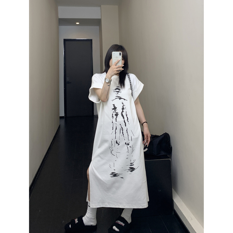 Lazy Summer Chic Niche Phantom Portrait Print Long Short-Sleeve Women's Loose Over-The-Knee T-Shirt Top Trendy