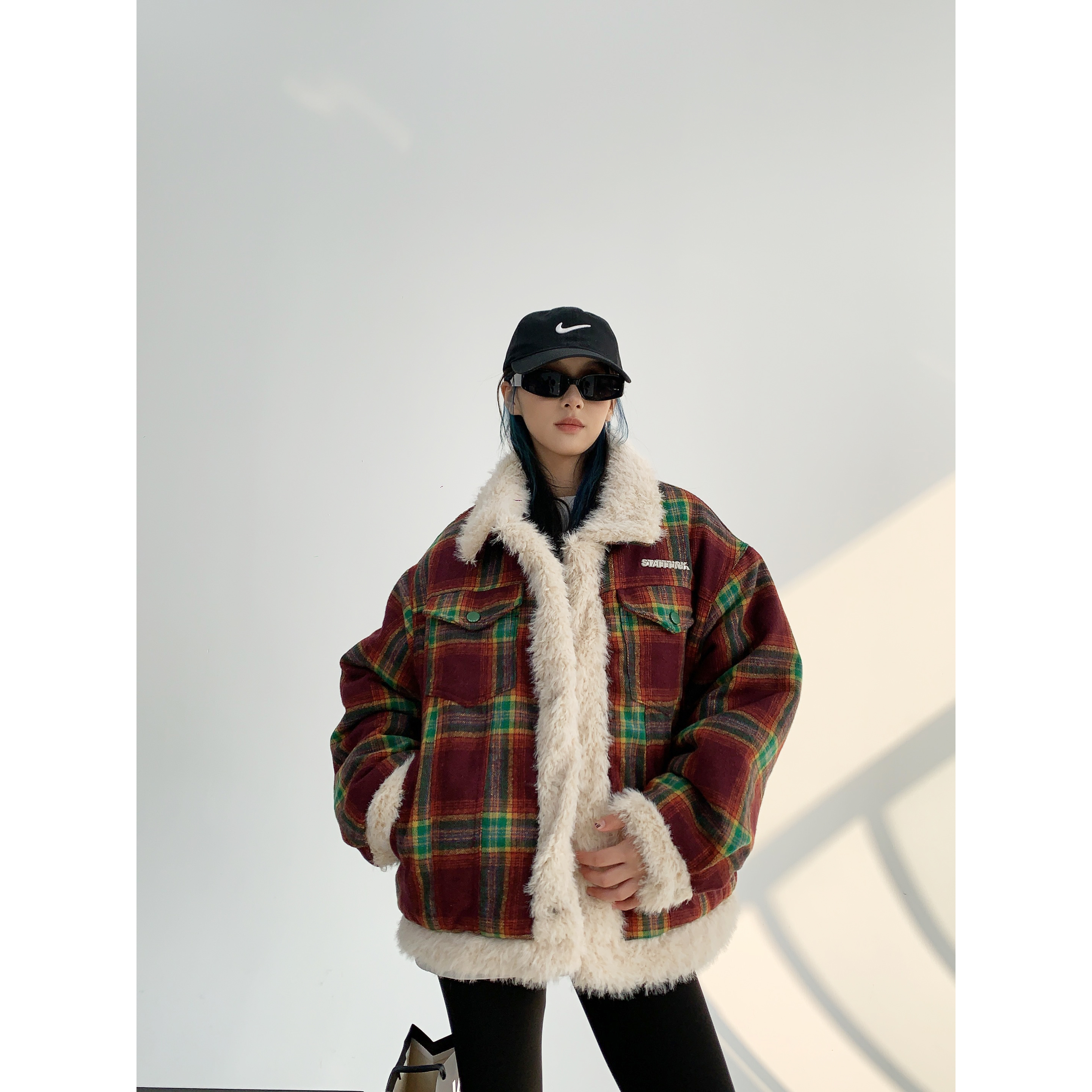 切り替え ゆったり ジャケット チェック柄 レトロ アウター】レトロ ゆったり 厚い保温 切り替えし チェック柄