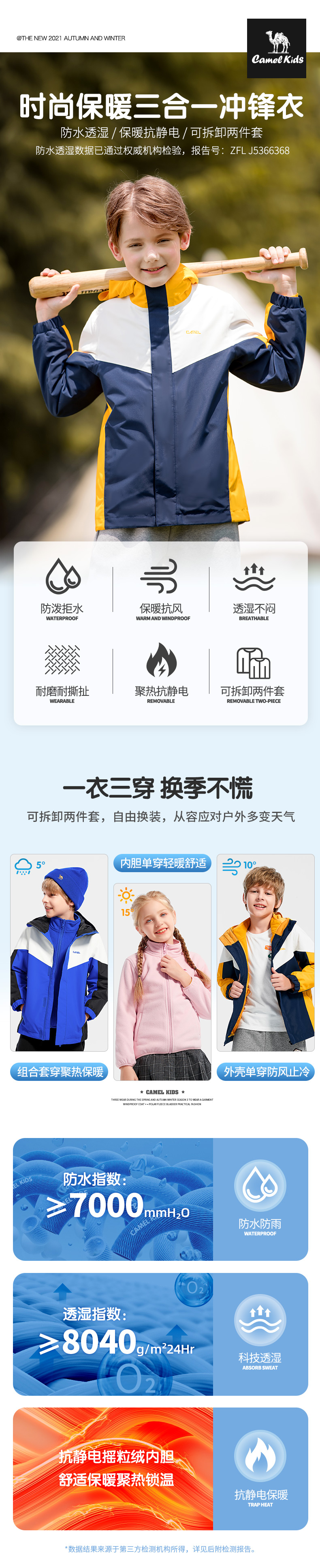 骆驼 男女童 户外三合一冲锋衣2件套 图1