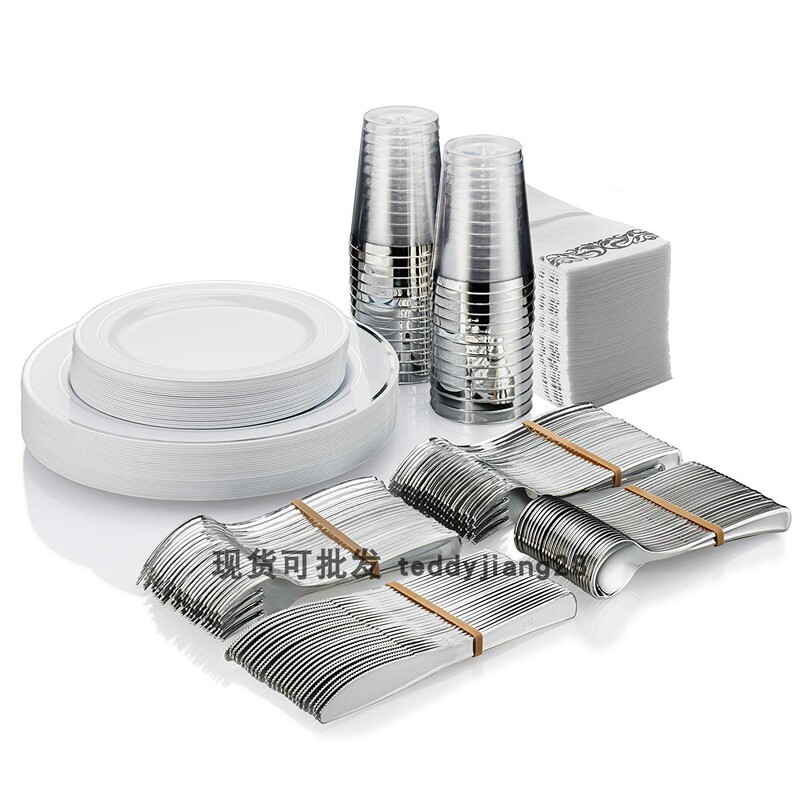 Disposable Silver-Colored Western-Style Tableware Party Goblets Plastic Champagne Glasses Electroplated Silver Forks Spoons Plates Round