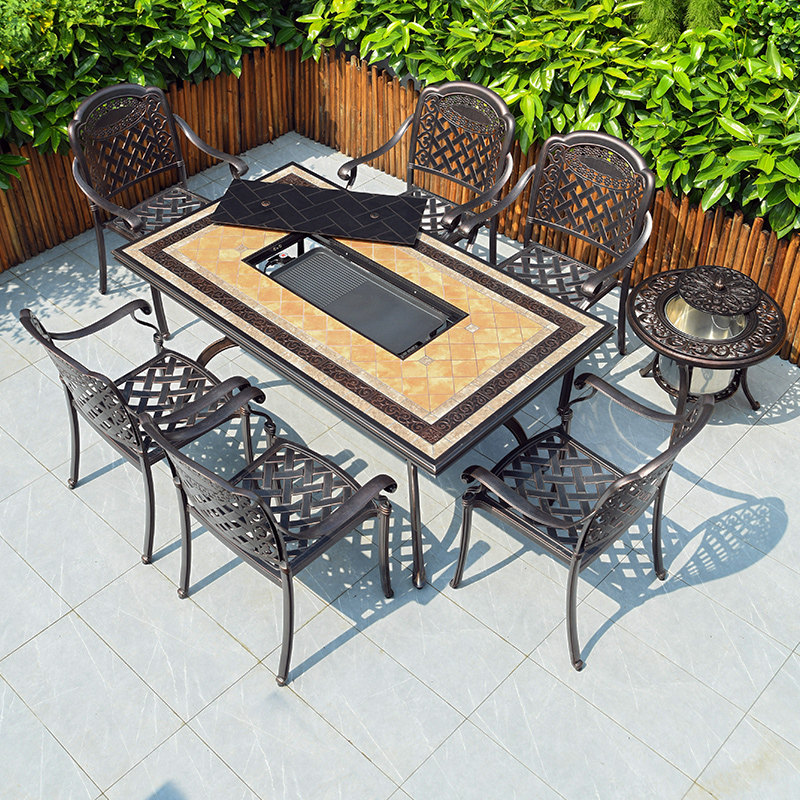 Cast Aluminum Outdoor Table And Chairs Casual Eurostyle Villa Courtyard Outdoor Waterproof Marble Cast Aluminum Barbecue Dining Table And Chairs Combination