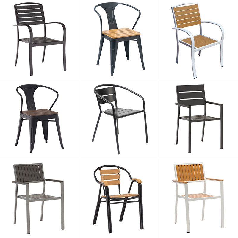 Outdoor Plastic Wood Coffee Milk Tea Shop Iron Art Single Chair Home Outdoor Patio Waterproof Embalming Wood Casual Backrest Dining Chair