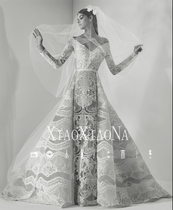 2021 spring brides new line of shoulder lavish long sleeves lace trailing in a fluffy dress wedding dress