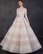 2021 Spring new fluffy dress trailing bridal bridal gown wedding dress Shoulder Long Sleeve Palace Court Extravaganza