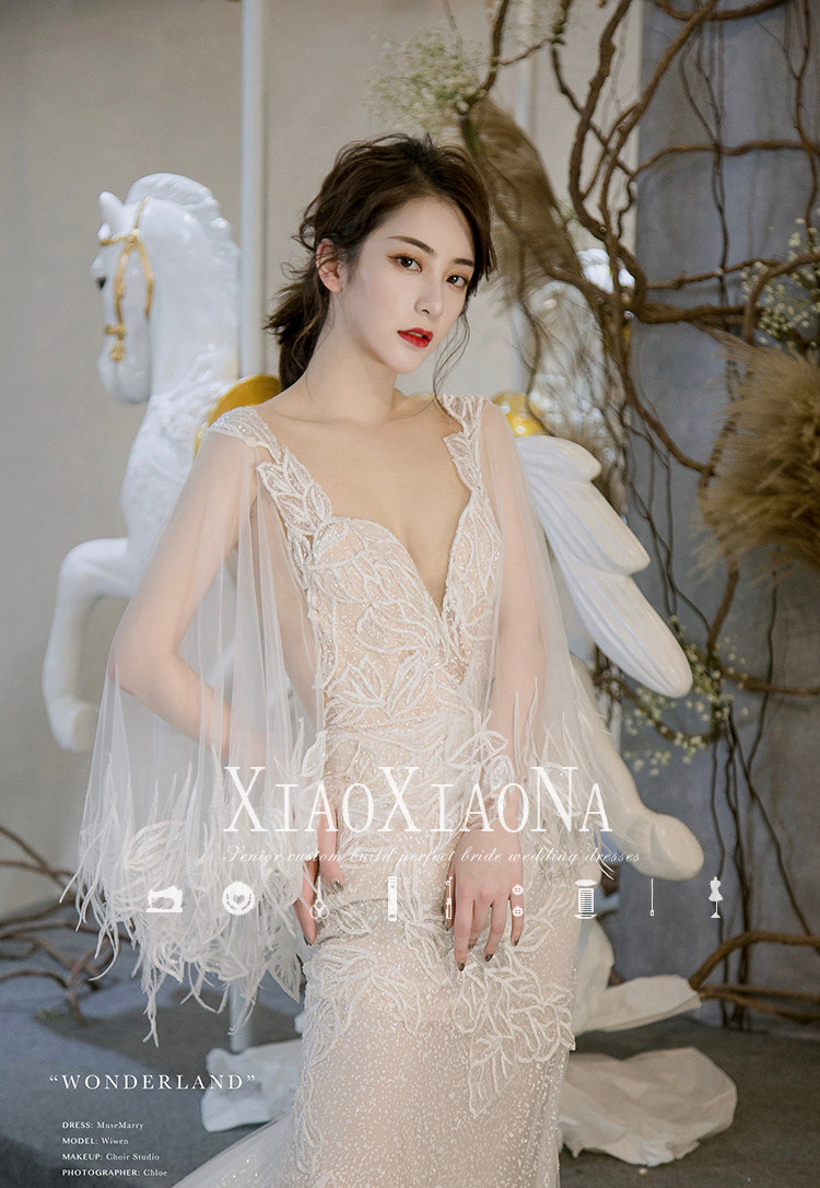 Wedding dress 2021 new spring fish tail wedding dress shoulder long sleeve sleeve and sleeve brigade pat a wedding girl