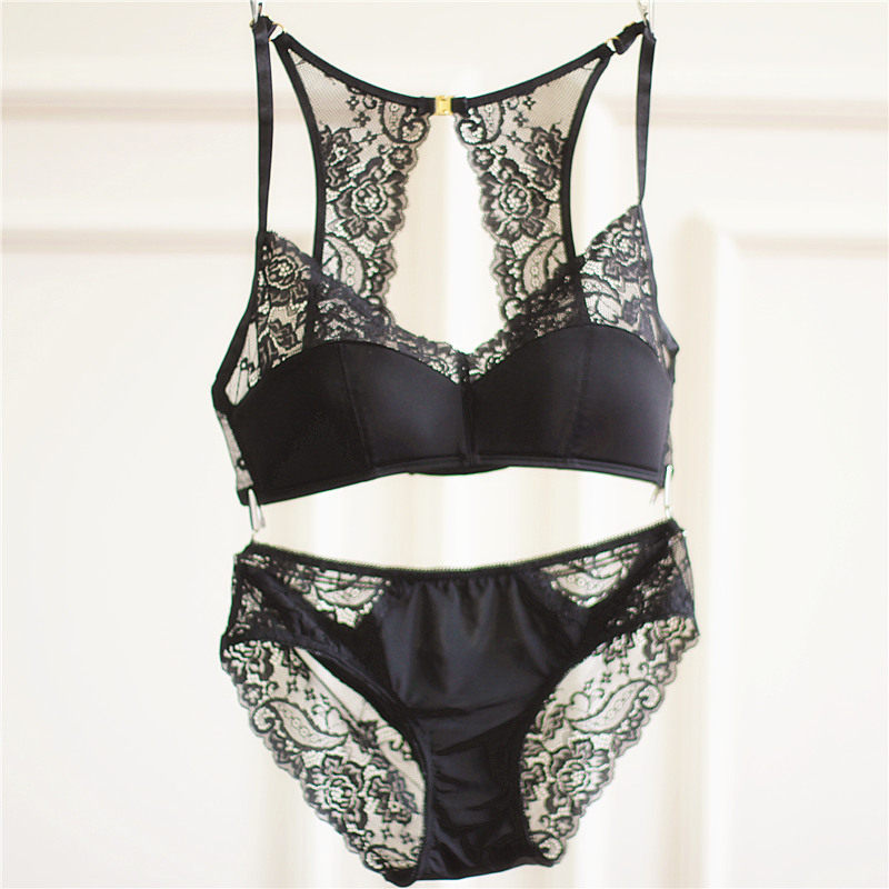 欧美女士内衣性感薄款蕾丝透肤无钢圈0束缚半杯内衣套装美背春夏
