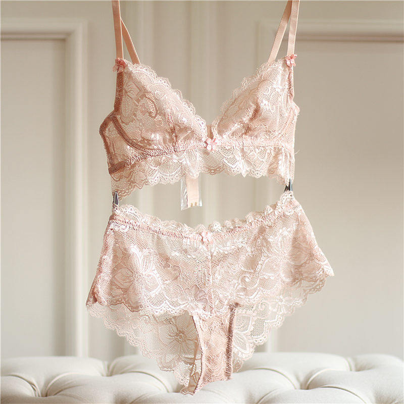 欧美蕾丝性感超薄内衣侧收少女舒适柔软奢华大胸显小文胸套装透明