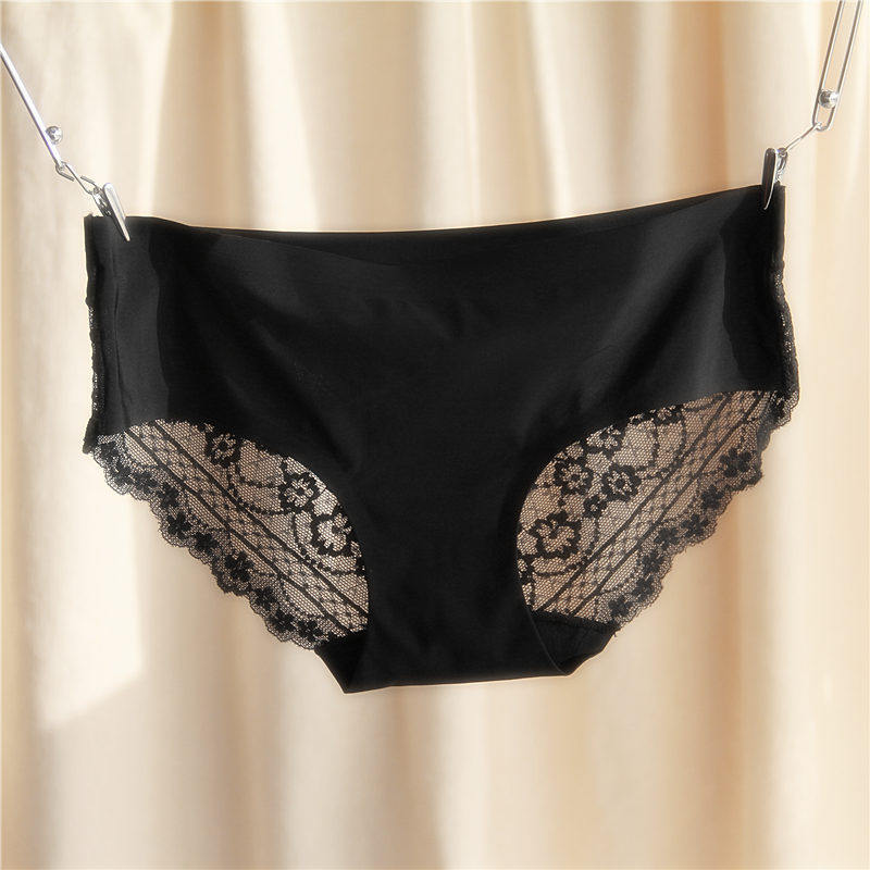3条包邮 欧美女士内裤中腰三角性感隐形蕾丝 无痕冰丝一片式简约