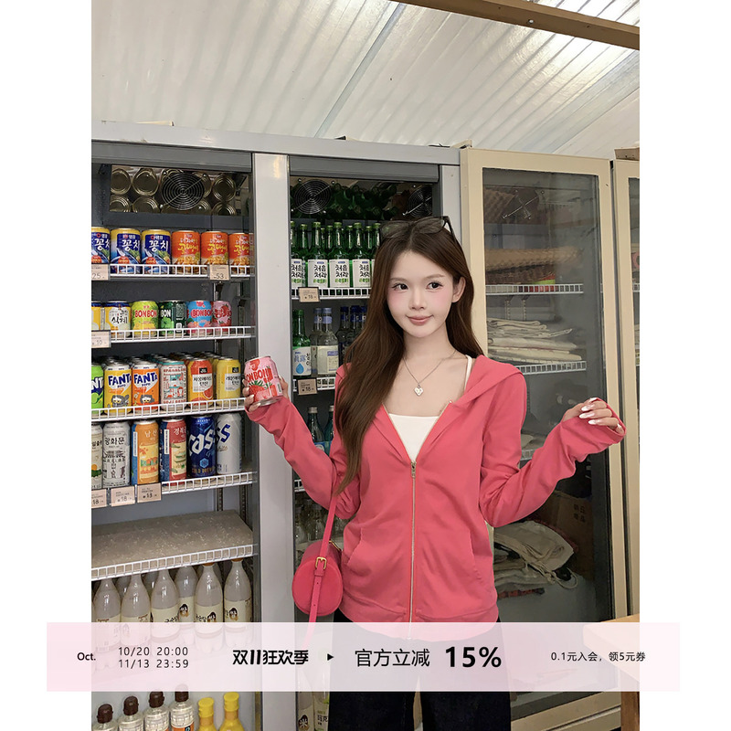 Selena Chen Rose Red Loose Hooded Cardigan Women's Early Autumn Pink Color Brightening Zipper Jacket Top Selena Chen Rose Red Loose Hooded Cardigan Women's Early Autumn Pink Color Brightening Zipper Jacket Top