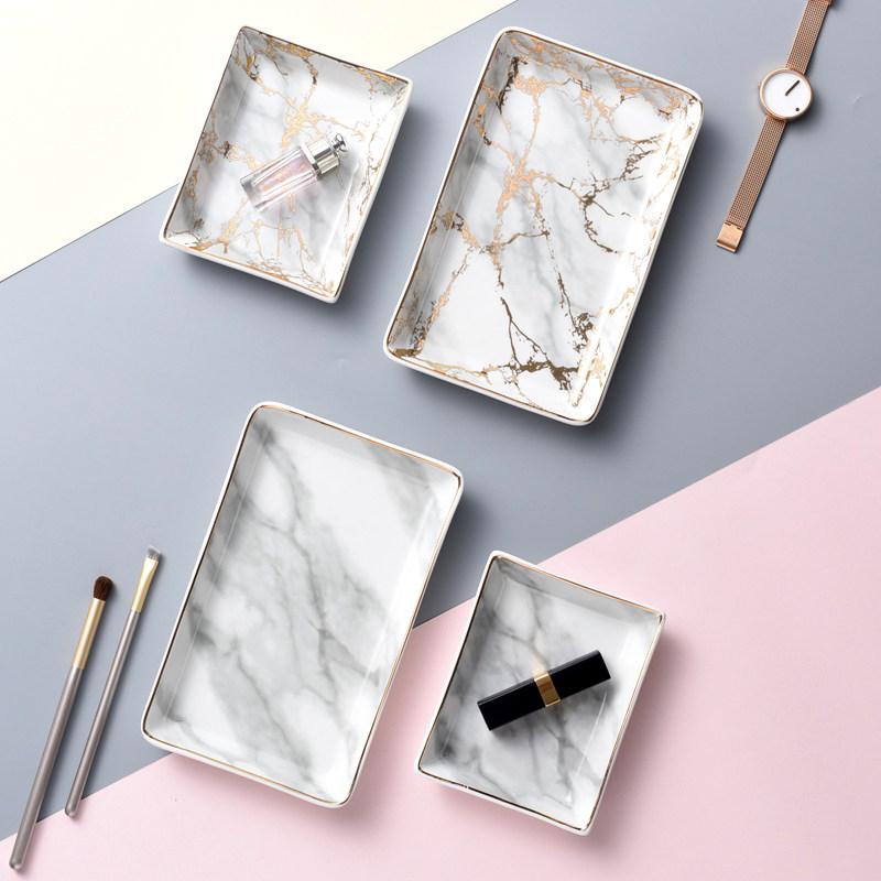 Xiao Xijia Nordic style marble ceramic square plate Golden Edge dinner plate dim sum plate jewelry plate storage plate