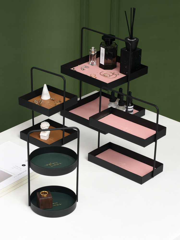 Xiaoxijia Nordic style ins Wrought iron leather double storage shelf Home decoration storage jewelry plate display rack