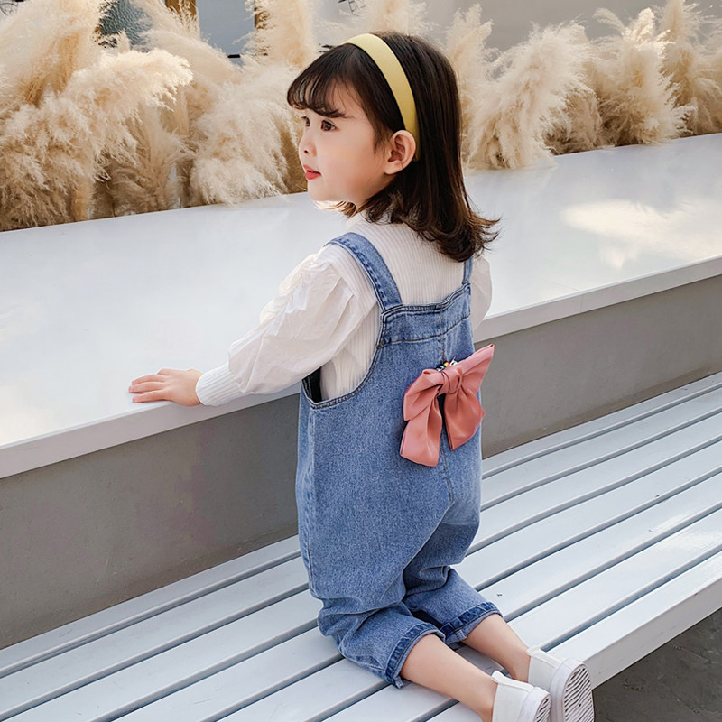 Girl Spring Clothing Suit Spring Autumn 2021 New Foreign Pie Sports Children Clothes Woman Baby Mesh Red Denim Cuddling Bag Pants