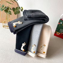 Girls bottom pants Autumn winter plus suede thickened outside wearing long pants foreign air children warm pants female baby integrated suede pants