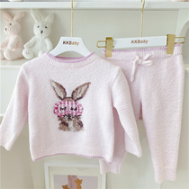 Autumn and winter thin soft cotton early autumn childrens home clothing suit jacket trousers girl round neck