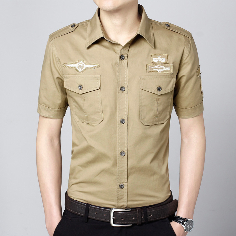 Air Force One Non-Iron Shoulder Patch Solid Color Trendy T-Shirt Summer Short-Sleeve Shirt Men's Bf Top Washed Long-Sleeve Military Style