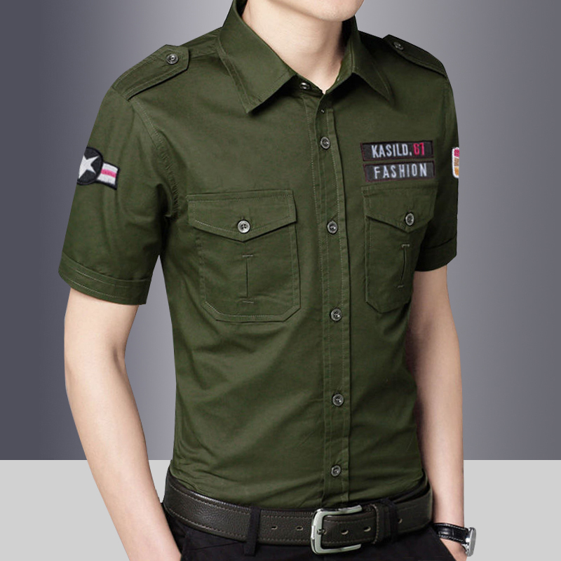 Pure Cotton Spring and Autumn Non-Iron Outdoor Short-Sleeve Shirt for Men, Casual Epaulette Military Summer Wear, Air Force One Slim Fit Plus Size