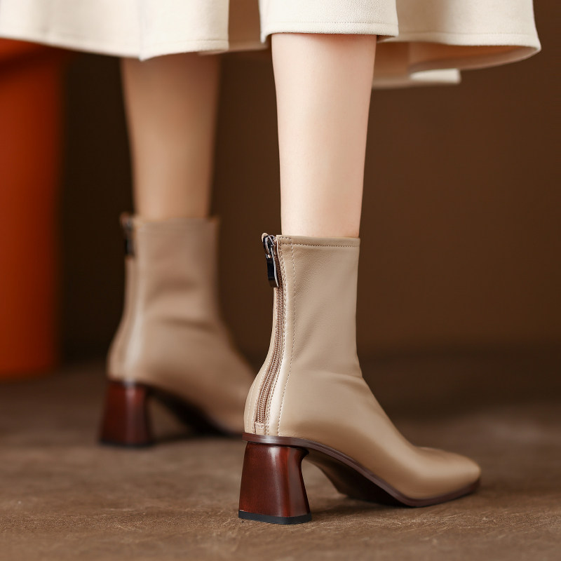 Givenivan simple to beautiful ~ retro style leather square toe thick high-heeled short boots women's new thin boots 5 5CM