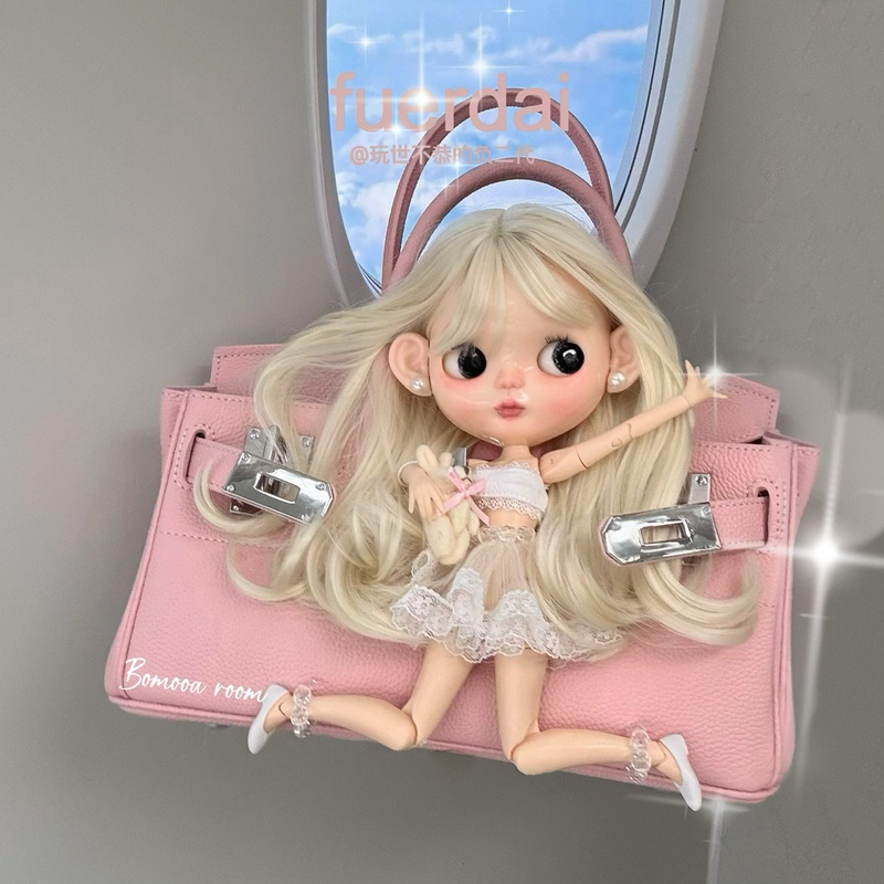 Finished Product: Cute Doll with Bag, Healing Companion, Soft Light Pink Handbag in Cowhide Leather