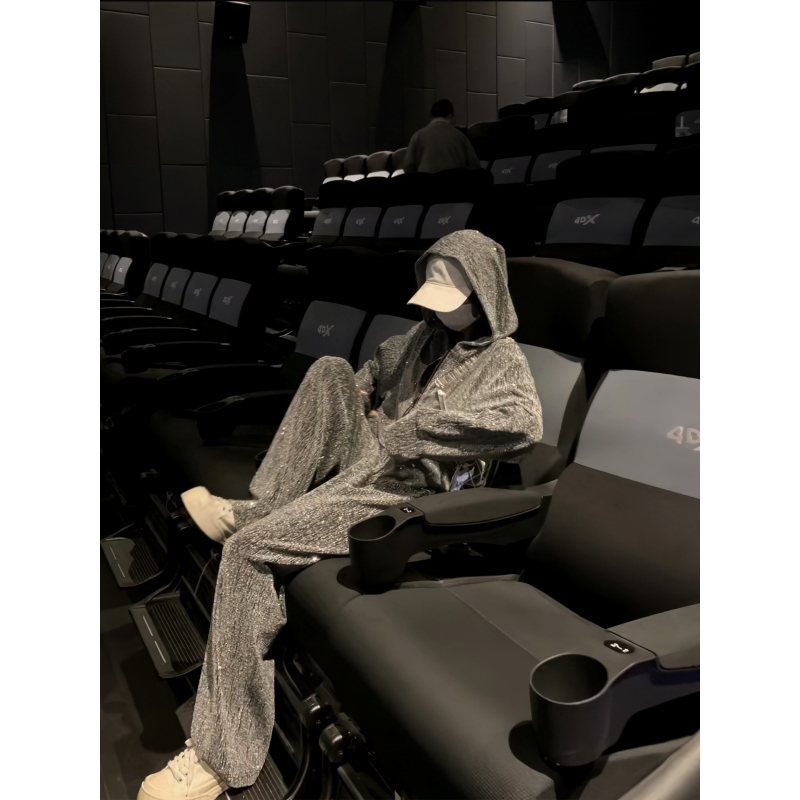 [in Stock] Early Spring Heavy Sequin Velvet Hooded Long Sleeve Sweatshirt Jacket Slimming Straight-Leg Pants Fashion Two-Piece Set