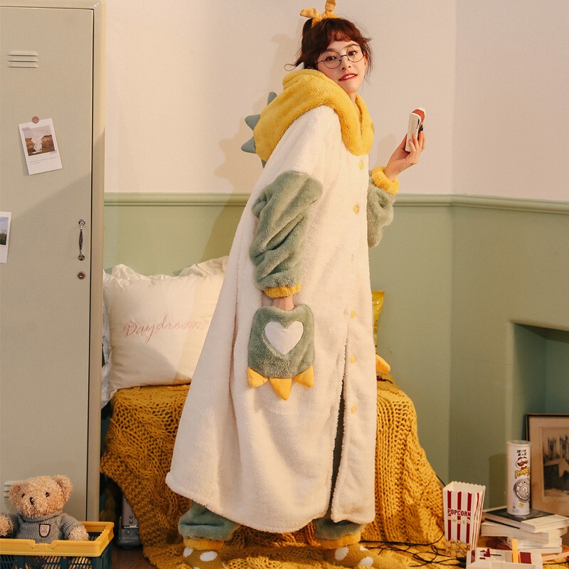 Pajamas for Women in Winter, Thickened and Fleece-Lined, Long Coral Velvet Nightgown, Autumn and Winter Flannel Cartoon Dinosaur Home Wear Set Pajamas for Women in Winter, Thickened and Fleece-Lined, Long Coral Velvet Nightgown, Autumn and Winter Flannel Cartoon Dinosaur Home Wear Set