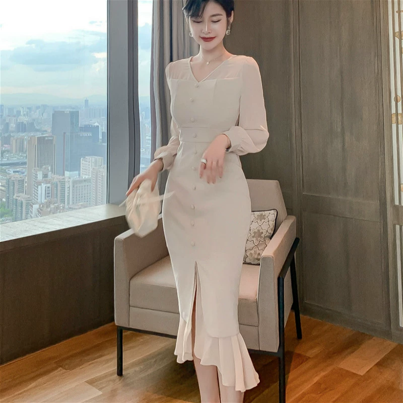 Mùa xuân năm 2021 phụ nữ mới của phụ nữ sexy cổ chữ V tay áo phồng voan khâu túi hông khí chất váy đuôi cá - váy đầm