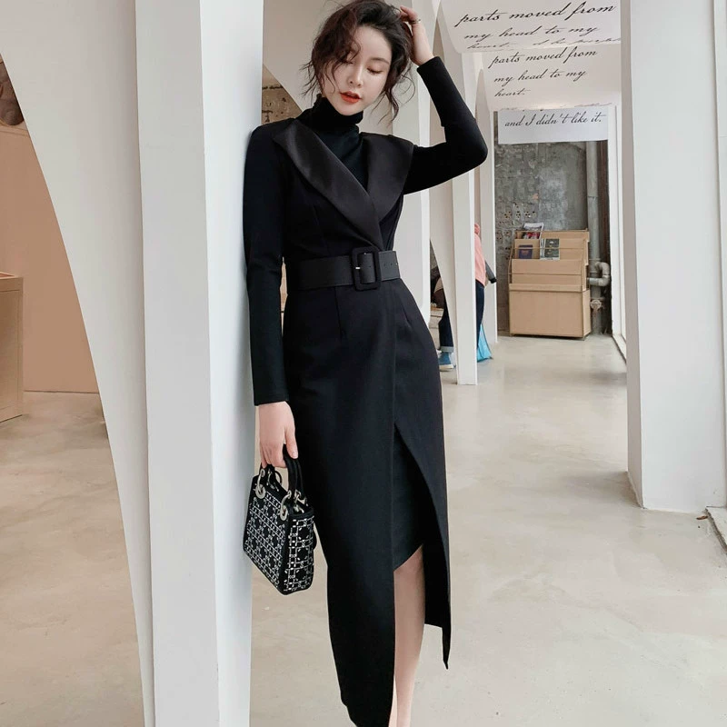 Khí chất mới của phụ nữ đi làm cổ cao đáy cao túi mỏng hông xẻ hông thu đông váy hai mảnh sexy chuyên nghiệp - váy đầm