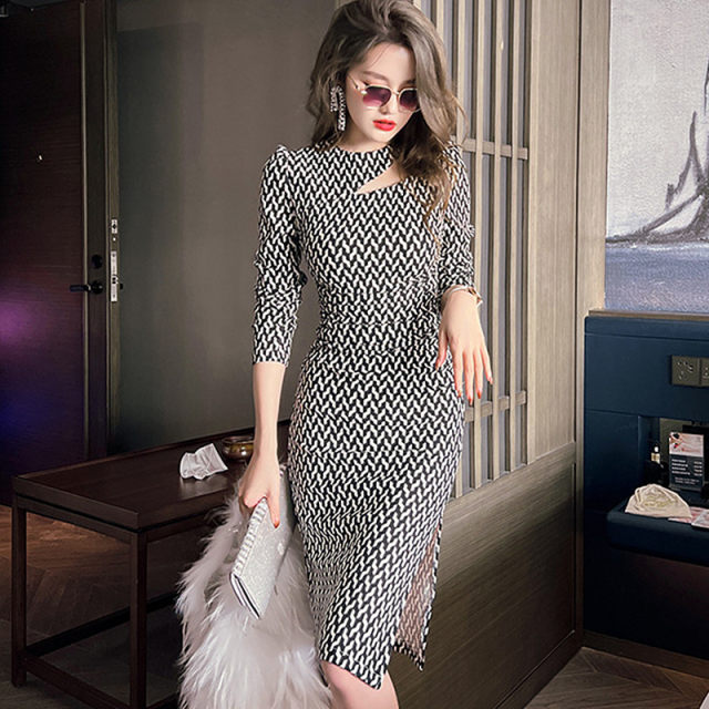 Fashion light and familiar style houndstooth long-sleeved dress spring and autumn new temperament sexy slim bag hip slit bottoming skirt