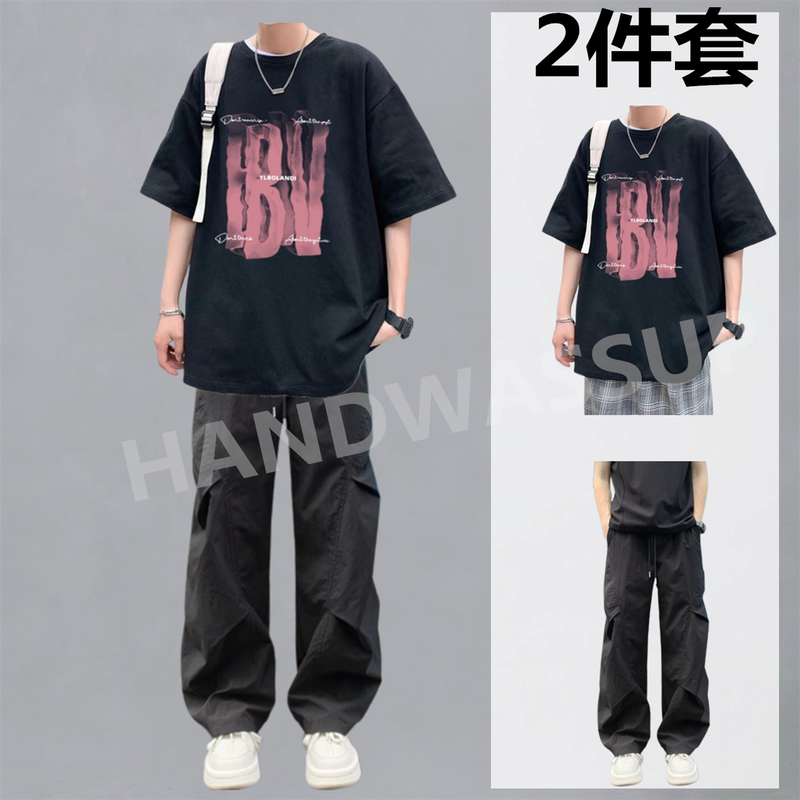 Summer Suit Men's Pants American Style Trendy Cool Outfit Complete Set Youth Casual Two-Piece Set Student Short-Sleeved T-Shirt