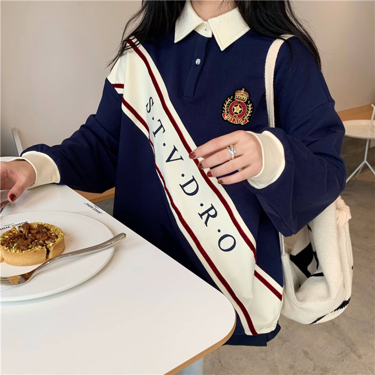 VK旗艦店 韓國學院風寬鬆百搭polo領拼接印花長袖上衣