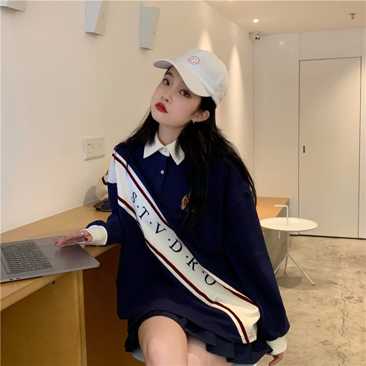 VK旗艦店 韓國學院風寬鬆百搭polo領拼接印花長袖上衣