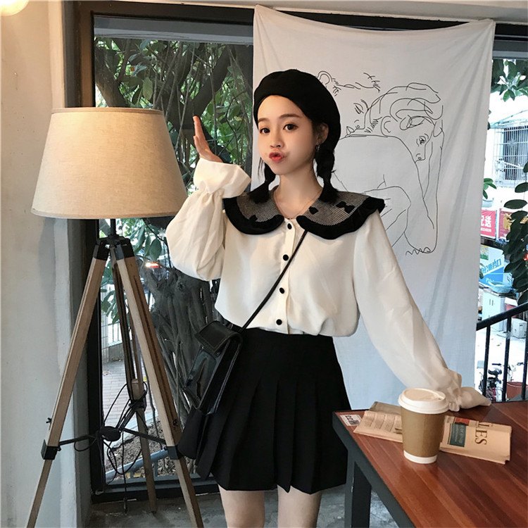 VK旗艦店 韓系寬鬆百搭撞色波點襯衫長袖上衣
