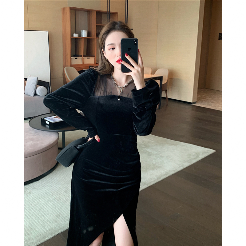 Real price! French Chic temperament irregular split skirt velvet stitching mesh dress