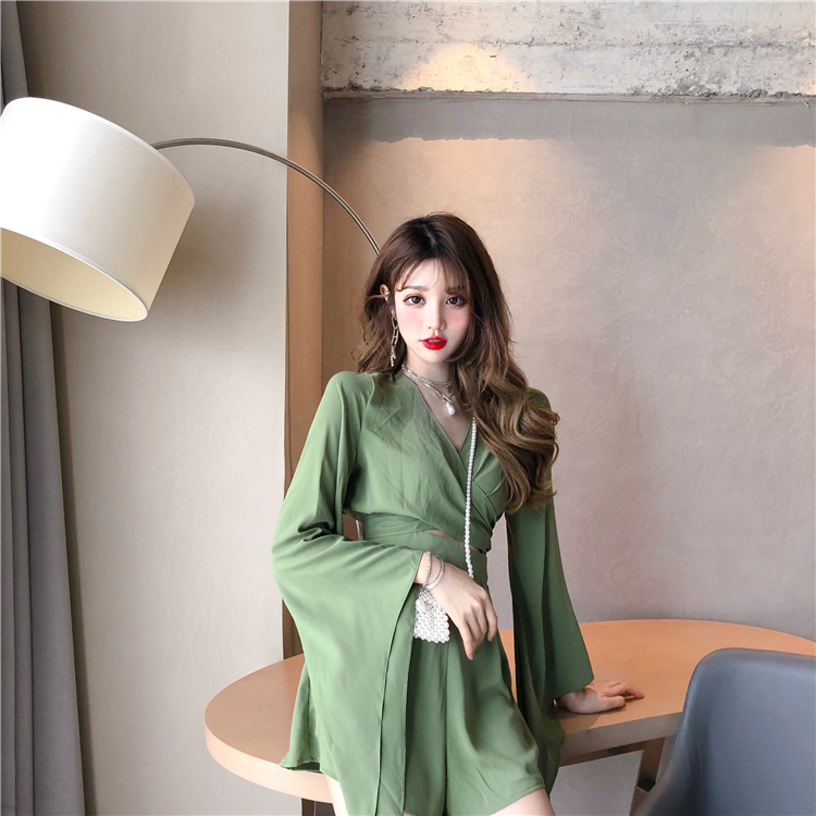 VK旗艦店 韓系V領交叉露背雪紡連身褲套裝長袖褲裝