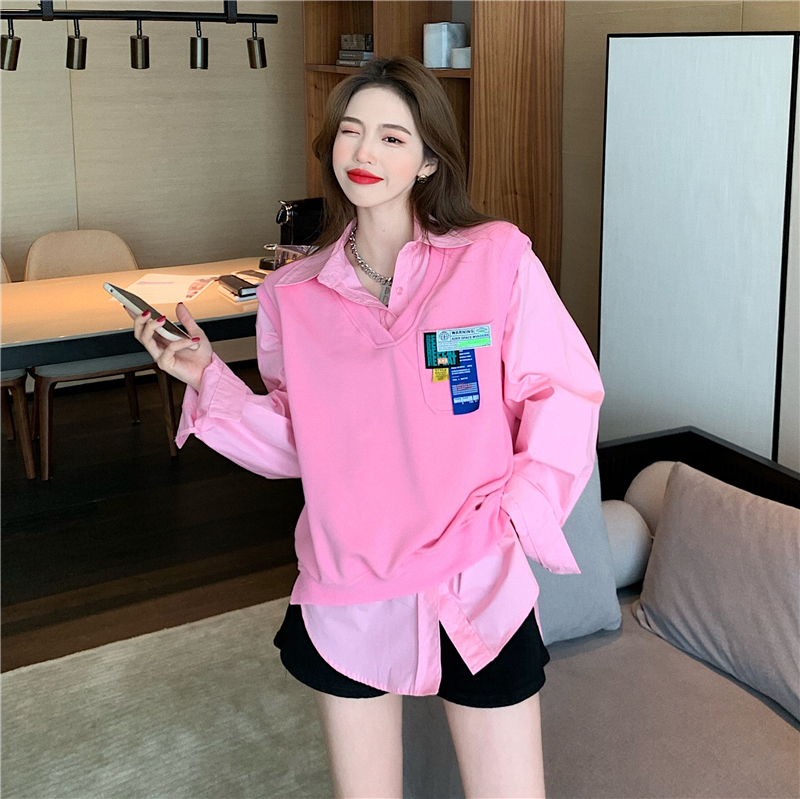 Real price! Spring personalized label V-neck Vest + Lapel casual solid color shirt