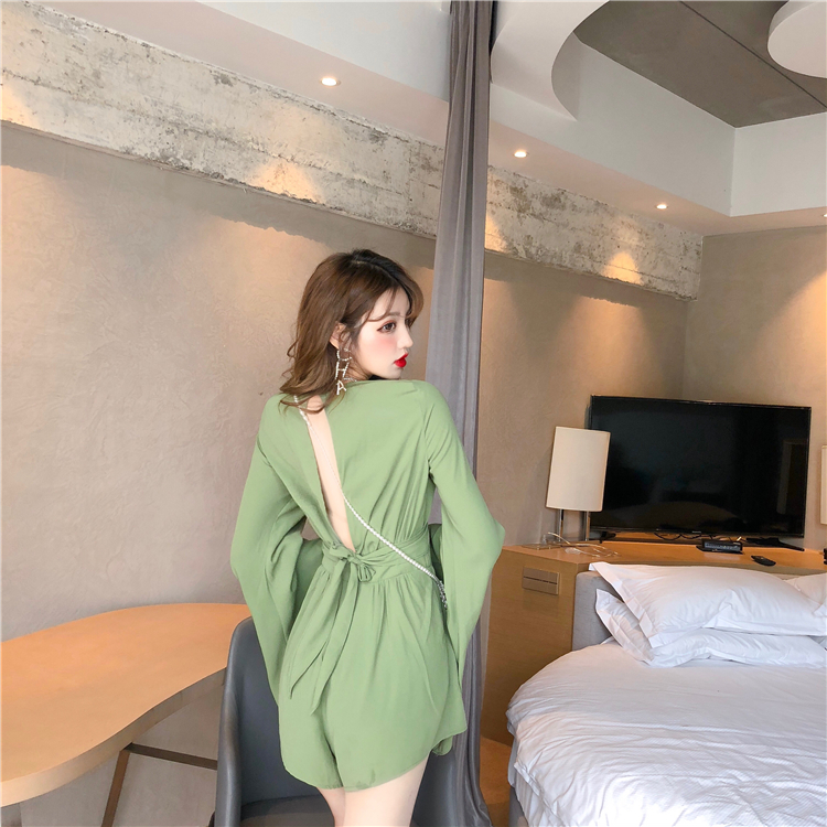 VK旗艦店 韓系V領交叉露背雪紡連身褲套裝長袖褲裝