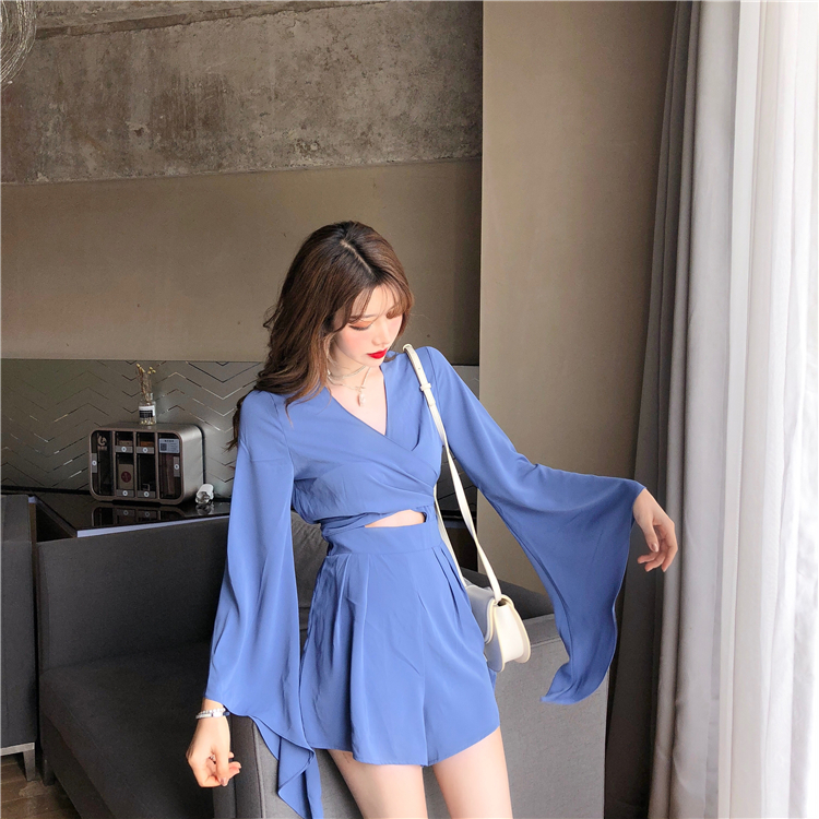 VK旗艦店 韓系V領交叉露背雪紡連身褲套裝長袖褲裝