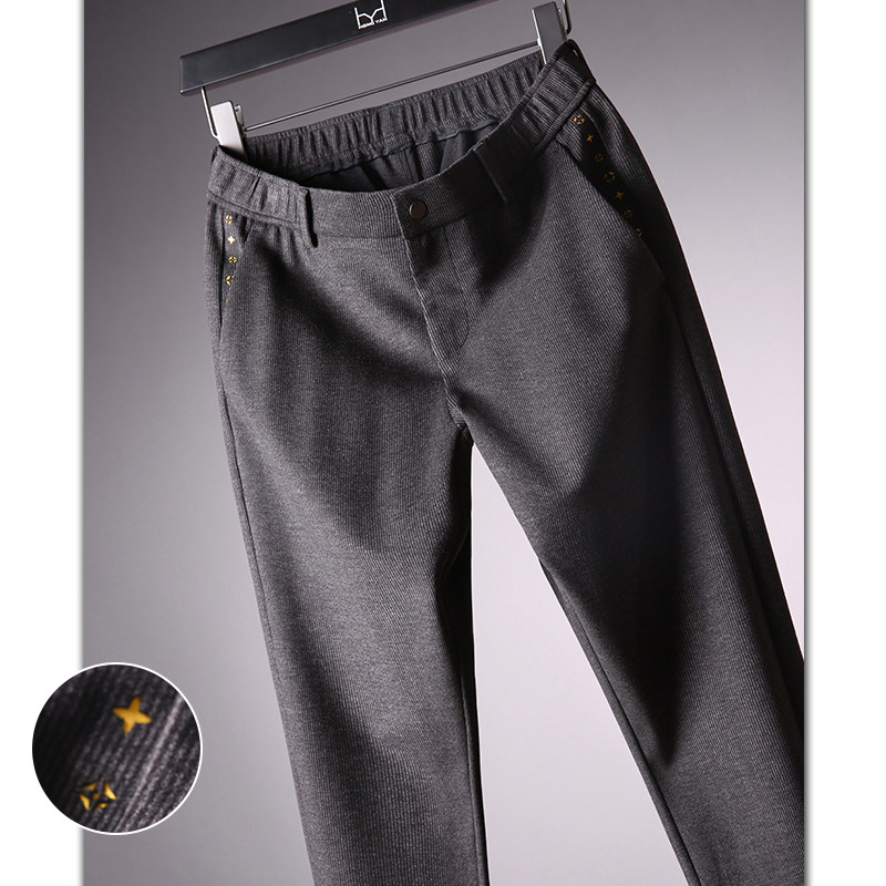 Autumn new products custom-woven striped clip flower thick fabric men's pocket printing semi-elastic straight gray casual pants