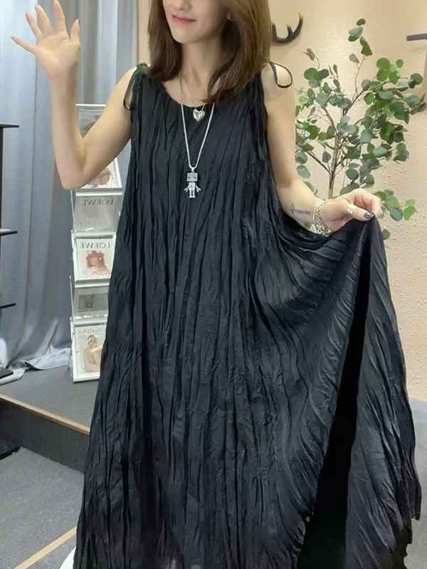 European Goods 2026 Summer New Style French Pleated Sleeveless Elegant Spaghetti Strap Dress Loose Slimming A-Line Long Dress