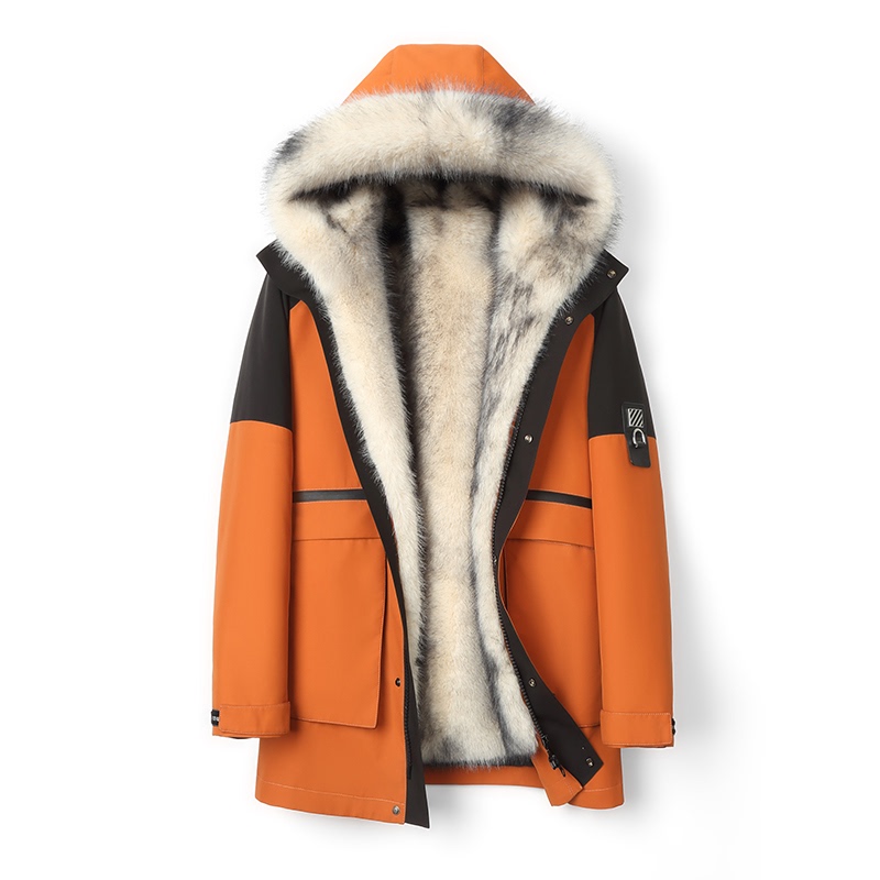 Haining Fur Parka with Detachable Lining, Unisex Mid-Length Hooded Fur Jacket, Trendy