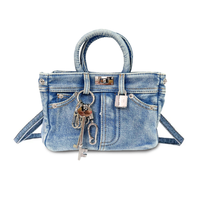 Lehua Time-Saving Niche Design Hot Girl Retro Washed Denim Bag with Lock Buckle Small Square Bag Single Shoulder Crossbody Bag