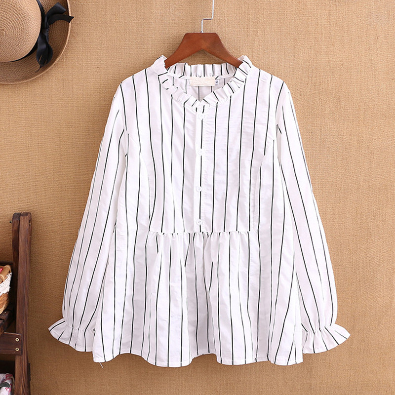 Shirt woman loose large size size Fat mm Spring loaded with new medium long version of vertical stripe cover with slim long sleeve blouse 200 catty