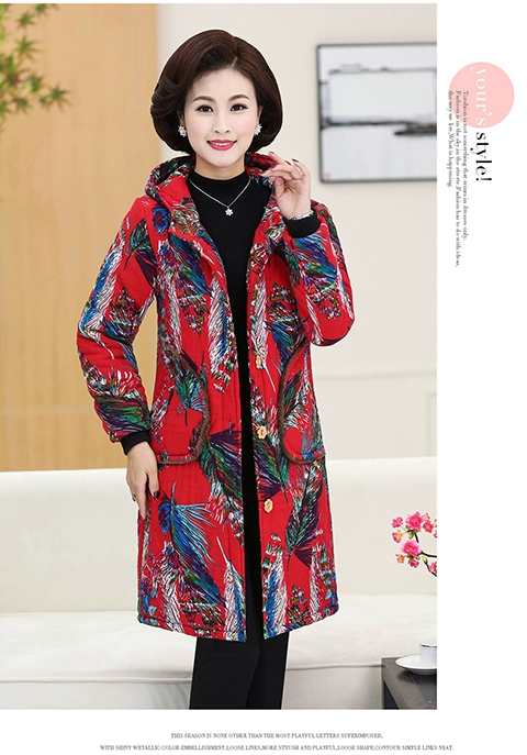 Áo khoác cotton mùa đông dày cho phụ nữ trung niên cộng với áo nhung dài trùm đầu phù hợp với bà ngoại áo khoác cotton cỡ lớn 50 tuổi