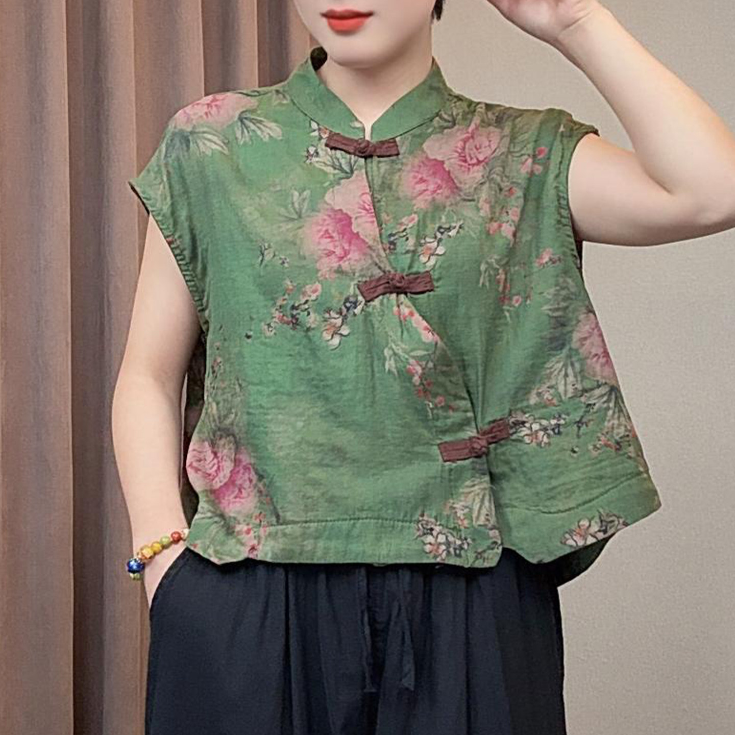 时尚碎花国风盘扣飞飞袖衬衫2026年夏季新款Z宽松显瘦妈妈装上衣