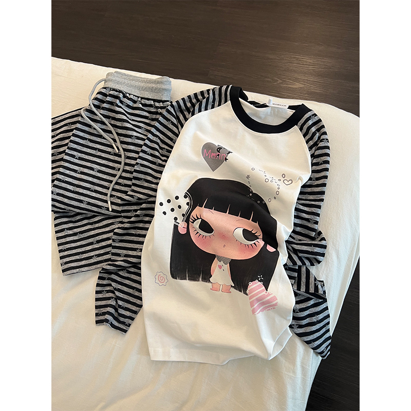 Korean Style Cute Cartoon Print Pajamas for Women, Autumn Long-Sleeved Long Pants, Retro Striped Loungewear Set That Can Be Worn Outside Korean Style Cute Cartoon Print Pajamas for Women, Autumn Long-Sleeved Long Pants, Retro Striped Loungewear Set That Can Be Worn Outside