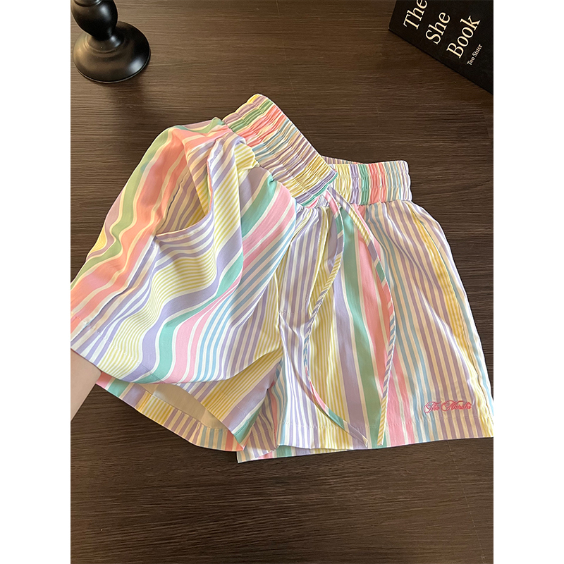 Dopamine-Style Colorful Striped Pajama Shorts for Women, Summer High-Waisted Drawstring Casual Versatile Beach Shorts That Can Be Worn Outside for Walking