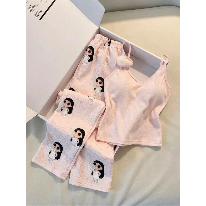 Pure Desire Pink Suspender Pajamas for Women, New Autumn Cartoon Long Pants with Chest Pads, Home Wear Casual Set That Can Be Worn Outside Pure Desire Pink Suspender Pajamas for Women, New Autumn Cartoon Long Pants with Chest Pads, Home Wear Casual Set That Can Be Worn Outside